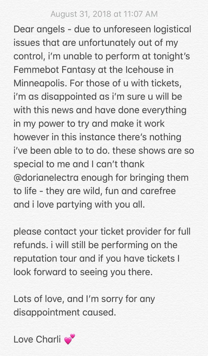 charli_xcx's tweet photo. angels - i’m unable to host the femmebot fantasy party in Minneapolis at the @icehousempls tonight due to logistical issues out of my control. i am extremely disappointed as i’m sure you will be too. read more below 💕 lots of love Charli https://t.co/AbLBeWLaj1