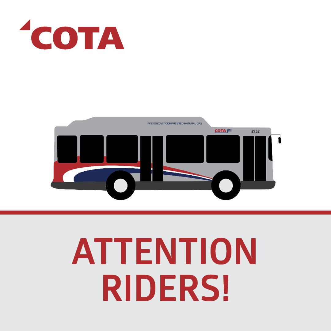 COTABus's tweet image. Don’t forget COTA Riders! The September 2018 service changes will go into effect on Monday, Sept. 3, 2018. Visit our website to review the new schedules: cota.com/servicechanges 
#servicechange #attentionriders #cotaservesyou