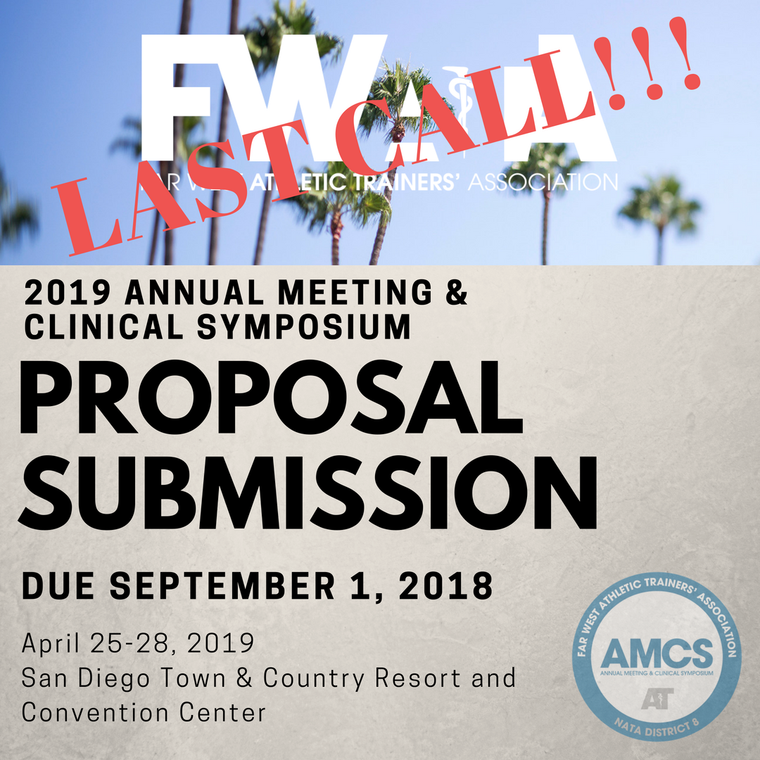 **! LAST CALL !**  FWATA 2019 AMCS Proposal Submissions are due tomorrow September 1, 2018 by 11:59.00 pm. We welcome submissions from FWATA members and nonmembers. Be sure to read the proposal guidelines for each program format prior to submission. 
fwatad8.org/committees/ann…