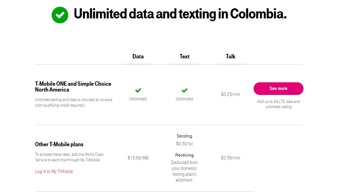 TMobile's tweet image. Hey Jillian, all our #TMobileONE plans include unlimited text and data while roaming in over 210 destinations, Colombia included. And with our #ONEPlus add-on, you can enjoy double the data speeds while visiting. Check out more at:  t-mo.io/2petuNc *JoanO
