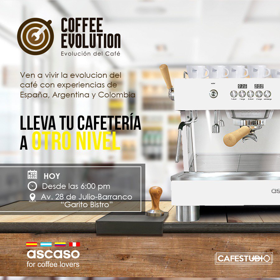 AscasoPeru's tweet photo. Hoy es el día de COFFEE  EVOLUTIÓN!!
Lugar: Garito Bistro
Tipo de evento: Cóctel/ vístete cómodo nada glamoroso 
Fecha: 31/08/2018
Hora: 6 p.m.
Estarán presentes por 1era vez juntos en el país:
  ASCASO:
- España 
- Argentina 
- Colombia 
Te esperamos Coffee Lover!! https://t.co/saGGokK4c8