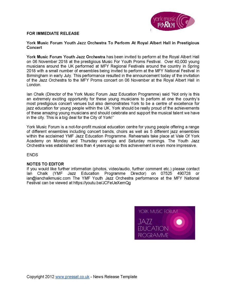 ykjazzinitiativ's tweet photo. Announcement! York Music Forum Youth Jazz Orchestra has been invited to perform at the MFY Proms in November at the Royal Albert Hall! This is a big deal for York and jazz in the North so here's the Press release. Thanks, Ian https://t.co/9Gqymerk3B
