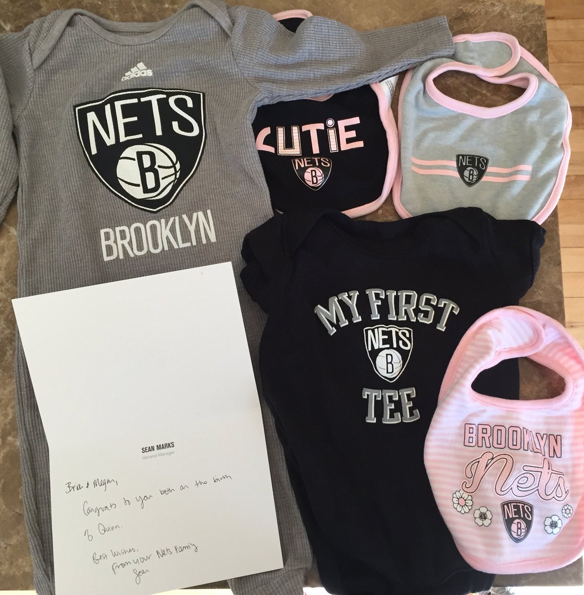 RaneyBrian's tweet image. .@CalMBBall alumnus and @BrooklynNets GM Sean Marks is pure class.  Sent me some Nets baby gear for my new baby girl, Quinn.  #GoBears #GoNets #CalFamily