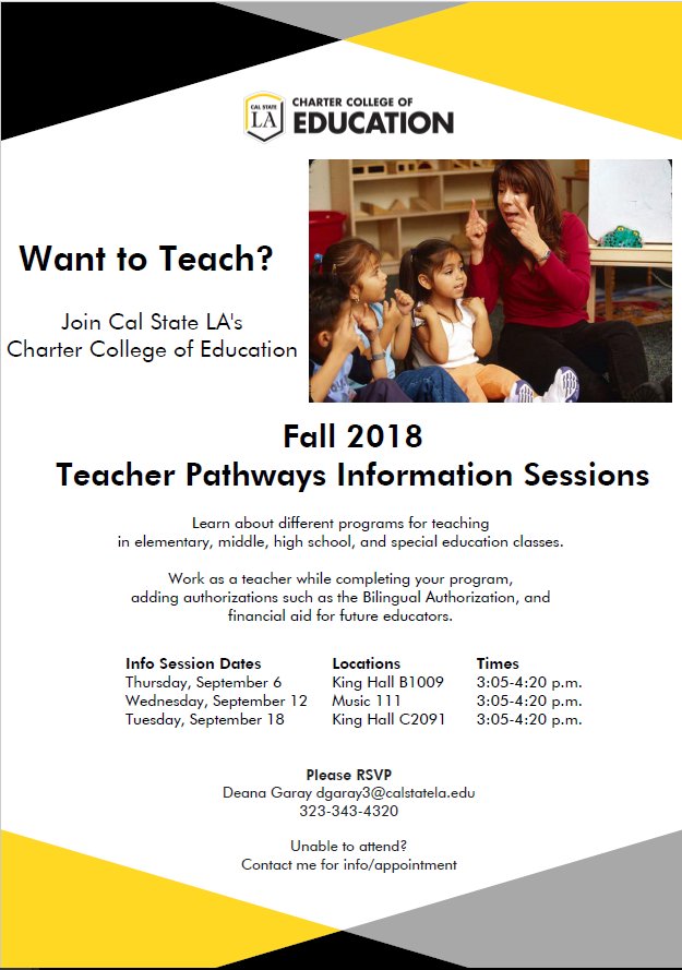 Deana_Garay's tweet photo. Interested in #teaching ? Join one of our @calstate @CalStateLA @CCOECalStateLA #teachingpathways #infosessions Accepting #Spring2019 applications until Oct. 1st! #futureeducators #teachershortage #chooseCSU #calstatela #goldeneagles https://t.co/LxW0alKnDf
