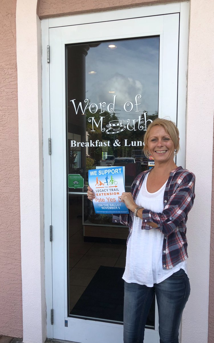 Legacy_Trail's tweet photo. Thanks to Word of Mouth On Venice Ave. in Venice and Supervisor Courtney Dukes for supporting the Nov. 6 Referendum to #extendthetrail! They quickly had #VoteYes materials placed for easy access and will have the poster up soon! #wordofmouth #venicefl https://t.co/wl2IZq2Zuy