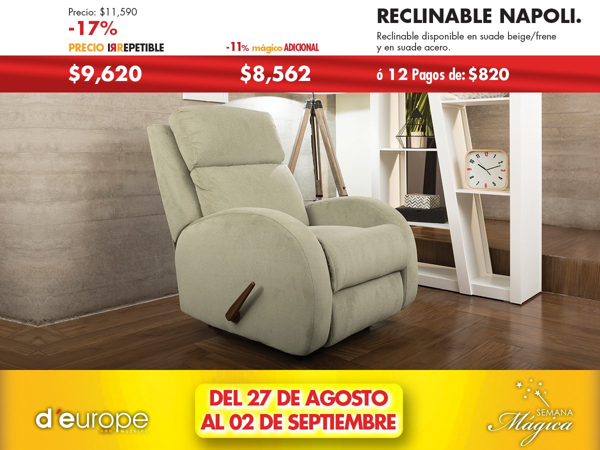 ¡No dejes pasar los descuentos de la Semana Mágica! Aprovecha el fin de semana y adquiere tu cómodo reclinable Napoli a un precio excepcional. Visita cualquiera de nuestras tiendas