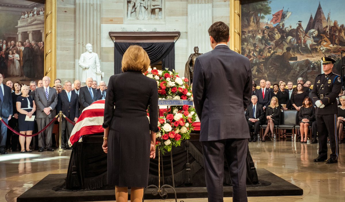 Leader Pelosi & Speaker Ryan place a wreath representing the House of Representatives & pay their respects to Senator John McCain during the memorial service held in the Rotunda of the United States Capitol.