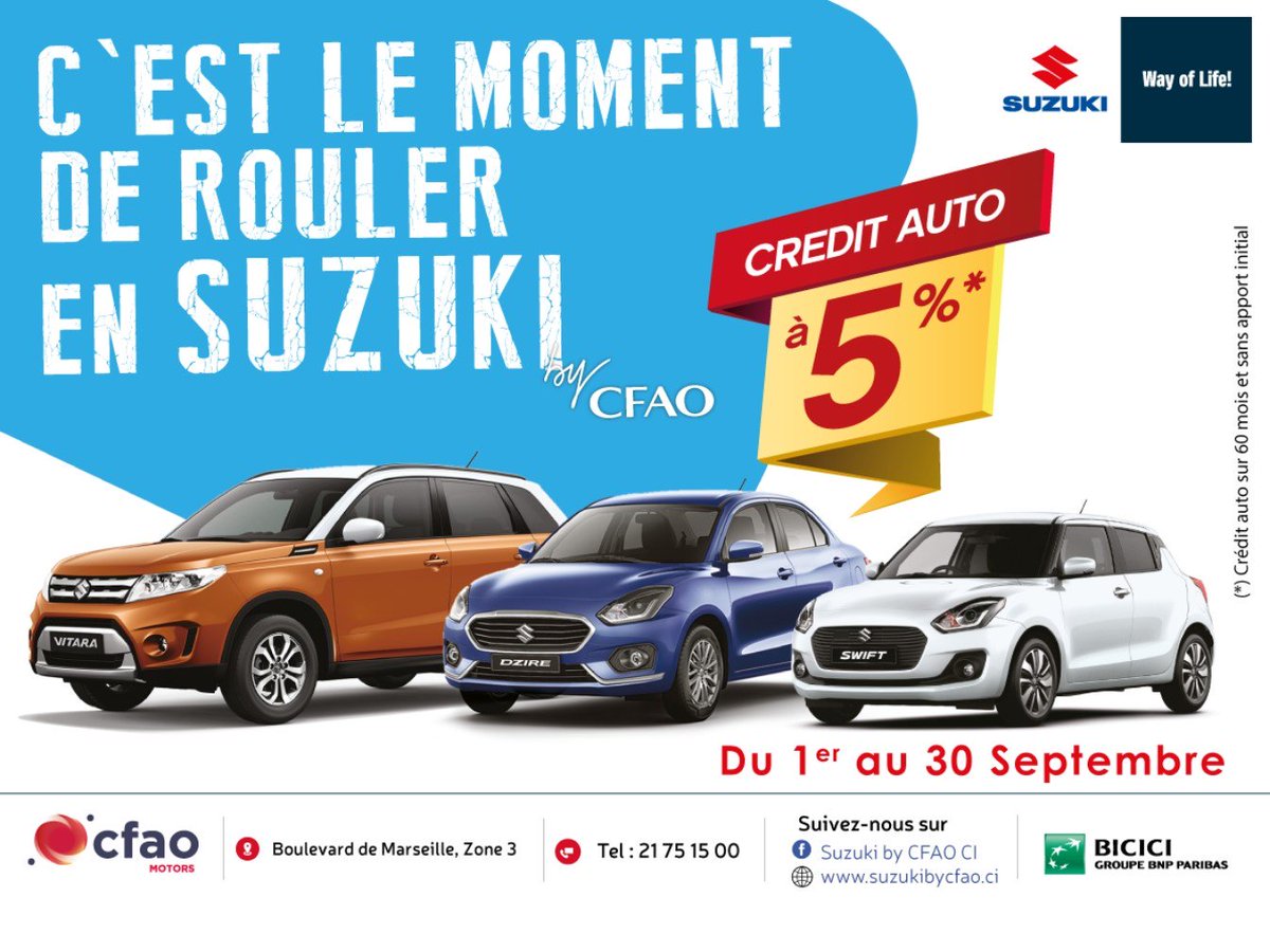 📣C'est le moment de rouler en Suzuki !
Du 1er au 30 Septembre, profitez d'un crédit de 5% sur 60 mois, sans apport, sur toute la gamme de véhicules #SUZUKI. RDV à Babi Motors ou dans une agence BICICI <a href="/bicicotedivoire/">BICICI</a>. + d'infos: bit.ly/2LBkLxK #civ #ci225 #cotedivoire