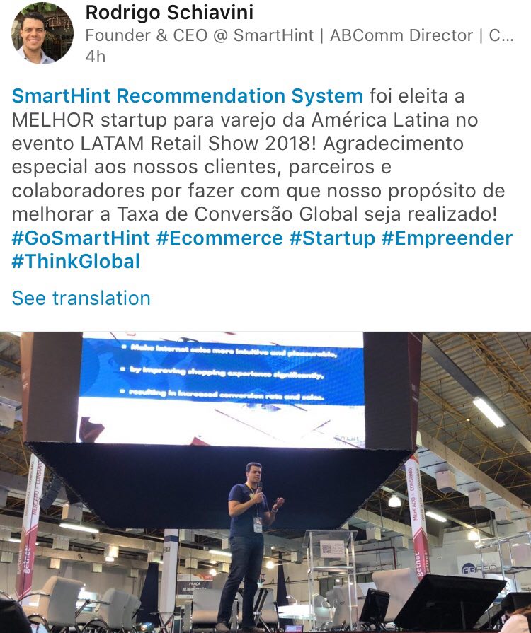 Br11Token's tweet image. Great news! SmartHint, one of the companies in our portfolio, just won an outstanding award at LATAM Retail Show 2018! They’re elected the best retail startup in Latin America! Congrats! #retail #startup #LATAMRetailShow #STO $BR11 #crypto #Blockchain