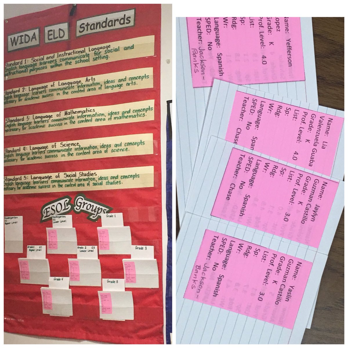 Ms. Sambells at Panorama ES has organized her ESOL groups on index cards and placed them in a pocket charts. She’s ready to go! 🚦#PGCPSelemESOL #WeGetTheJobDone