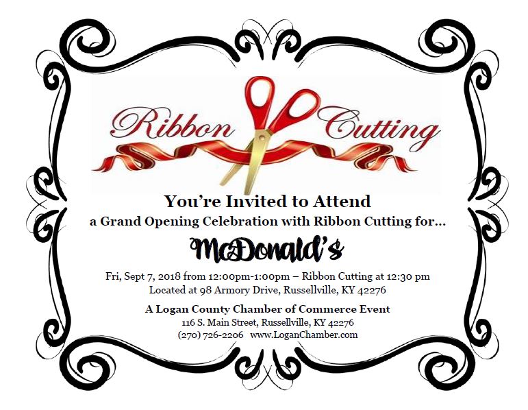 ChamberLogan's tweet photo. Logan Chamber members, join us for a Ribbon Cutting celebration Friday, September 7, 2018 from 12-1 pm at your Russellville McDonald's! https://t.co/5JI1VedcDL
