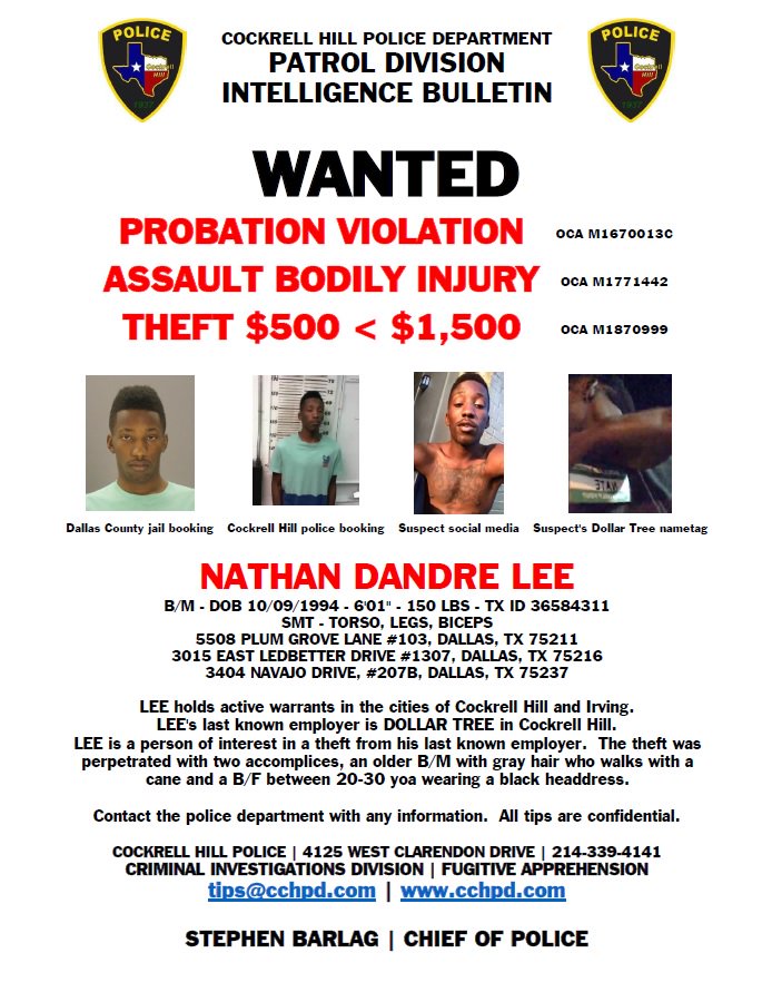 CockrellHillPD's tweet photo. WANTED - NATHAN DANDRE LEE - 10/09/1994
THEFT/ASSAULT/PROBATION VIOLATION
https://t.co/WHzDXwXVzi https://t.co/AOs7WbNl8s
