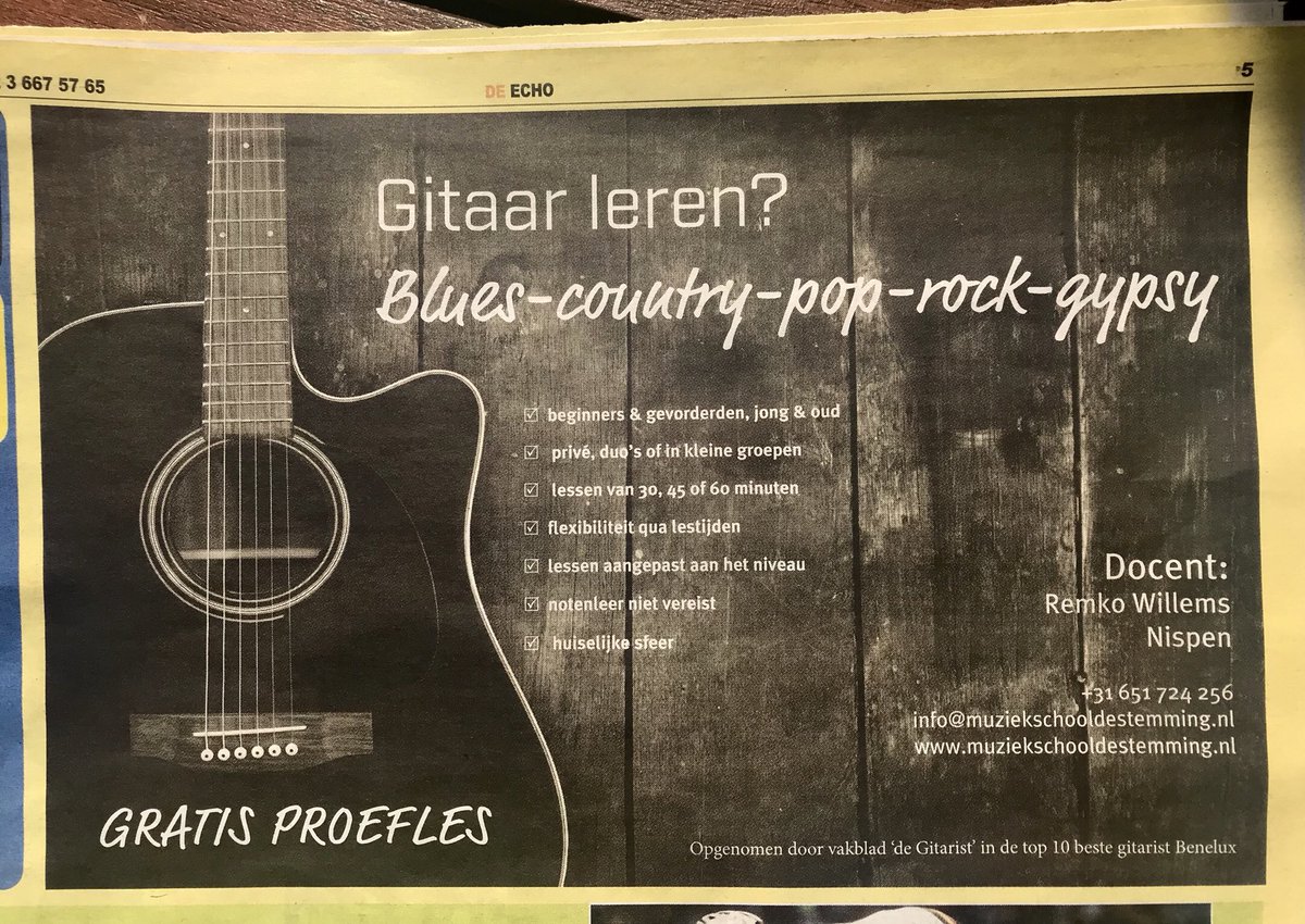 Deze week in de Echo krant deze advertentie ivm muzieklessen!