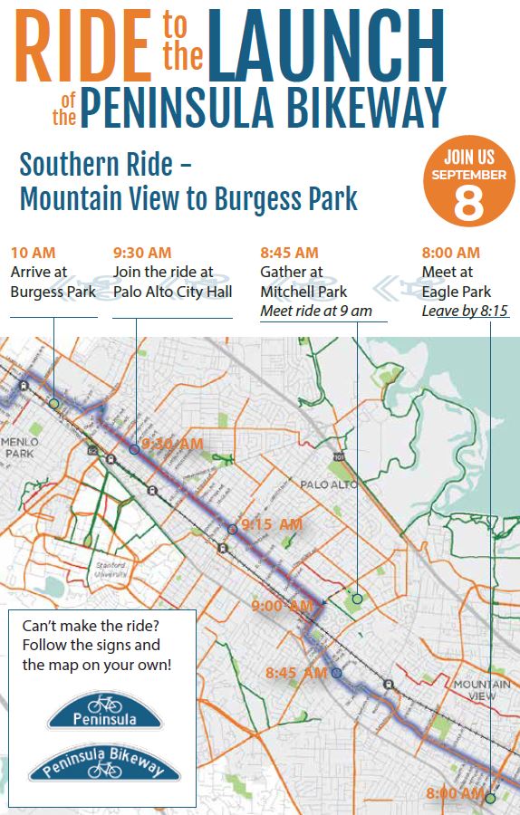 Join us at one of two meeting spots in #PaloAlto on September 8 to ride the Peninsula Bikeway and help launch a permanent connected bikeway. Get more details on this kick-off event here: bit.ly/2wsNG1B