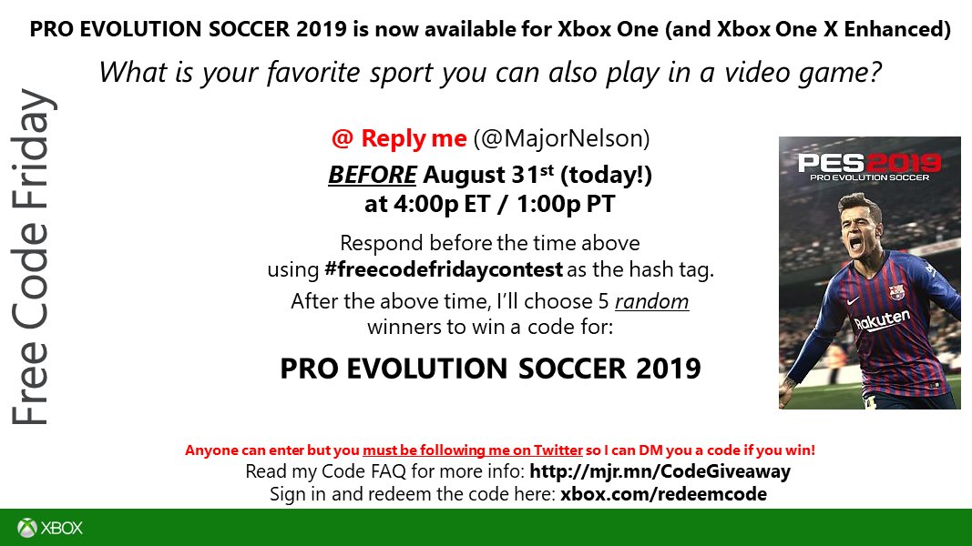 #freecodefridaycontest time. Read this and you could win a code for PRO EVOLUTION SOCCER 2019 + some other cool prizes on Xbox One. Good luck.