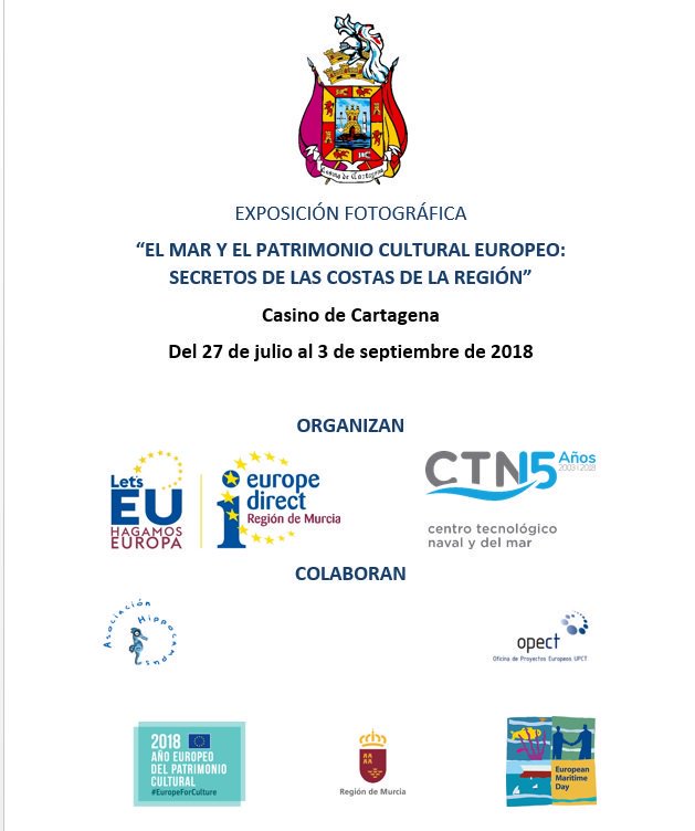 CTNInnova's tweet photo. Aprovecha este fin de semana para pasearte por las calles de #Cartagena y visitar la exposición fotográfica "El mar y el patrimonio cultural europeo: secretos de las costas de la Región" en el @casinoct #EMD2018 #EYCH2018 @EuropeDirectMur @OPECT_UPCT @AsocHippocampus https://t.co/jVv8UEOZkC