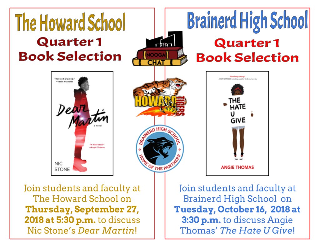 NoogaChat's tweet photo. Students at @HustlinTigers and @BHS_Excellence have started to read this quarter's @NoogaChat novels! Will you join them on Sept. 27th and/or Oct. 16th? https://t.co/SXKaQLF0oI