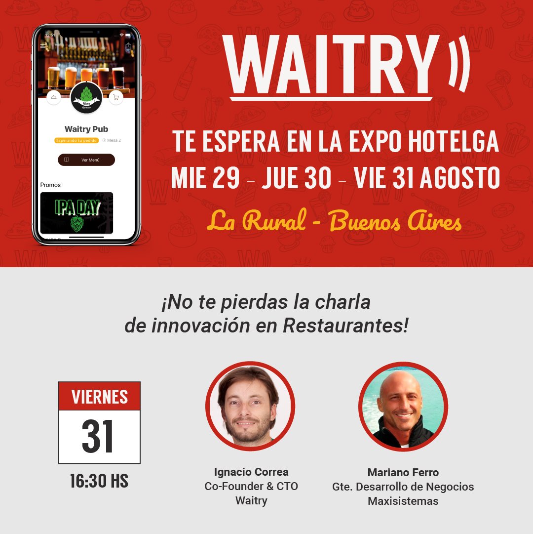 WaitryApp's tweet photo. En minutos en @hotelgaferia! Charla de innovación en Restaurantes en conjunto entre @WaitryApp y @MaxirREST!

#hotelga #speaker #expo #tradeshow #talk #keynote #innovation #restaurantes3.0 #innovación #waitry #maxirest #food #beer #hotels https://t.co/D5KcR45j0I