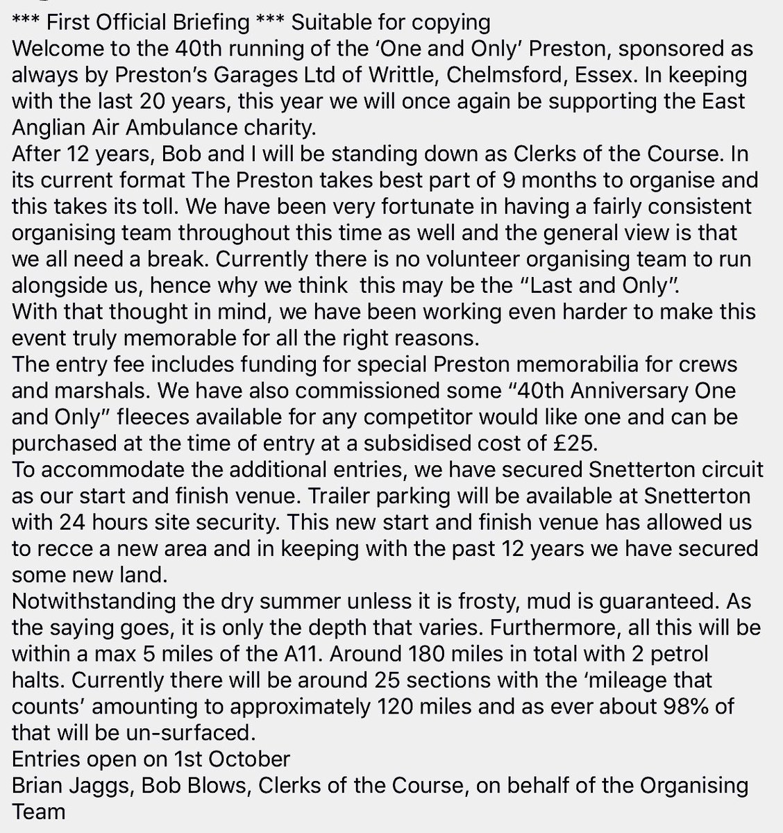 First official briefing issued by CoC Brian Jaggs tonight: