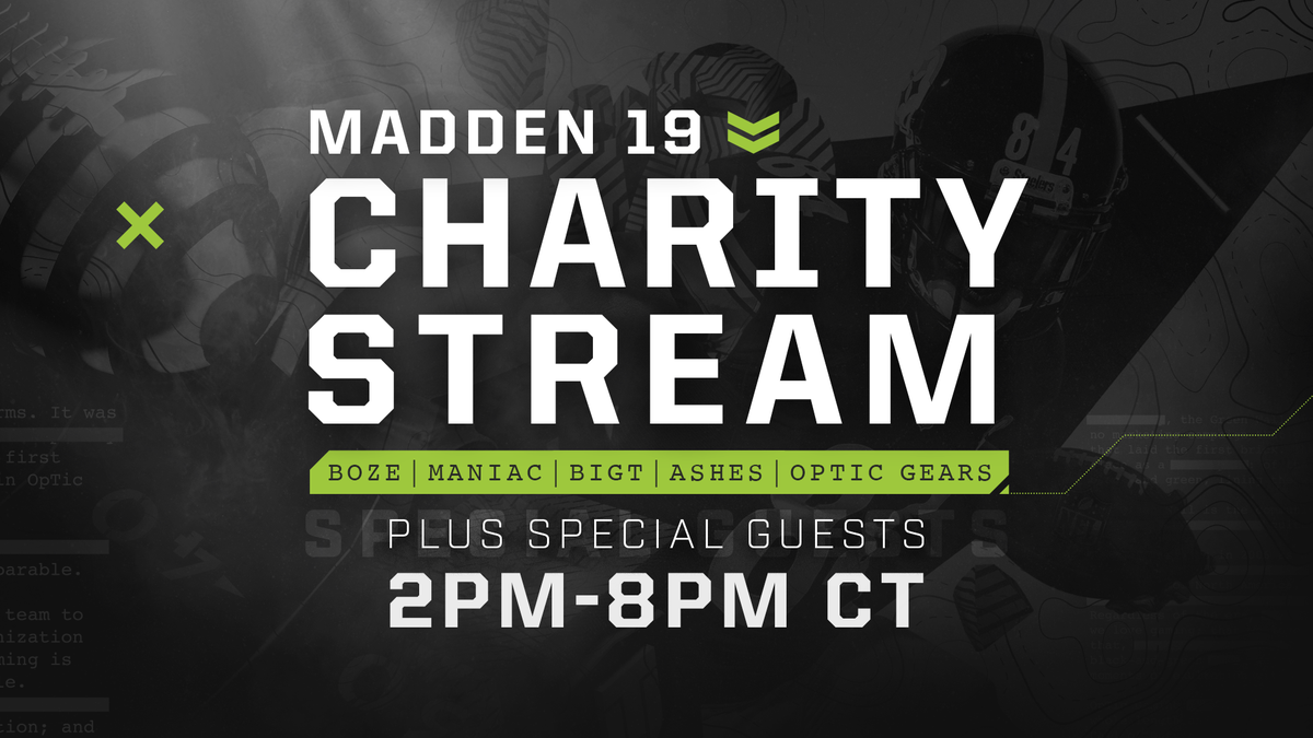 OpTic's tweet photo. A little under an hour to go until our Charity Live Stream to aid the victims of the tragic events in Jacksonville. 

All donations will go to the families of the victims, we hope to see you on our Twitch channel later today for some great games of Madden.
#WeAreMadden
#Greenwall https://t.co/79QsGjRC6q