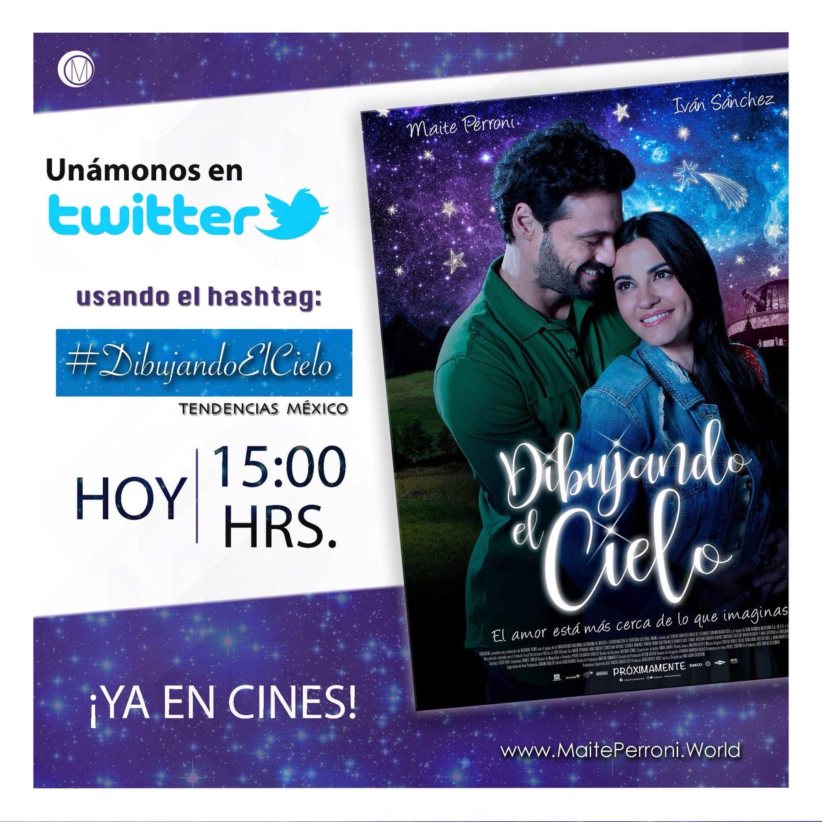 maiteperroni's tweet photo. Nos vemos aquí en Twitter hoy a las 3pm hora México usando el hashtag #DibujandoElCielo ✨🌙🎬💜 @Videocine @ivansanchezz_ @CharritoVazquez @annalayevska @warnermusicmex https://t.co/BSPzJlX79u