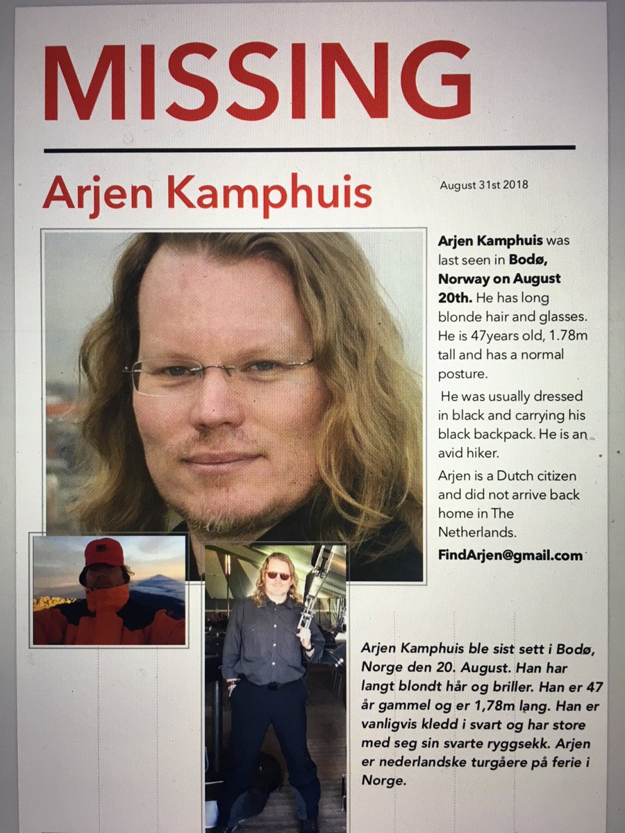 ncilla's tweet image. My best friend has gone missing in Bodø, Norway. Friends, colleagues and family are very, very worried. Please share &amp;lt;3 #FindArjen #Bodø #Norway #MissingPerson #ArjenKamphuis