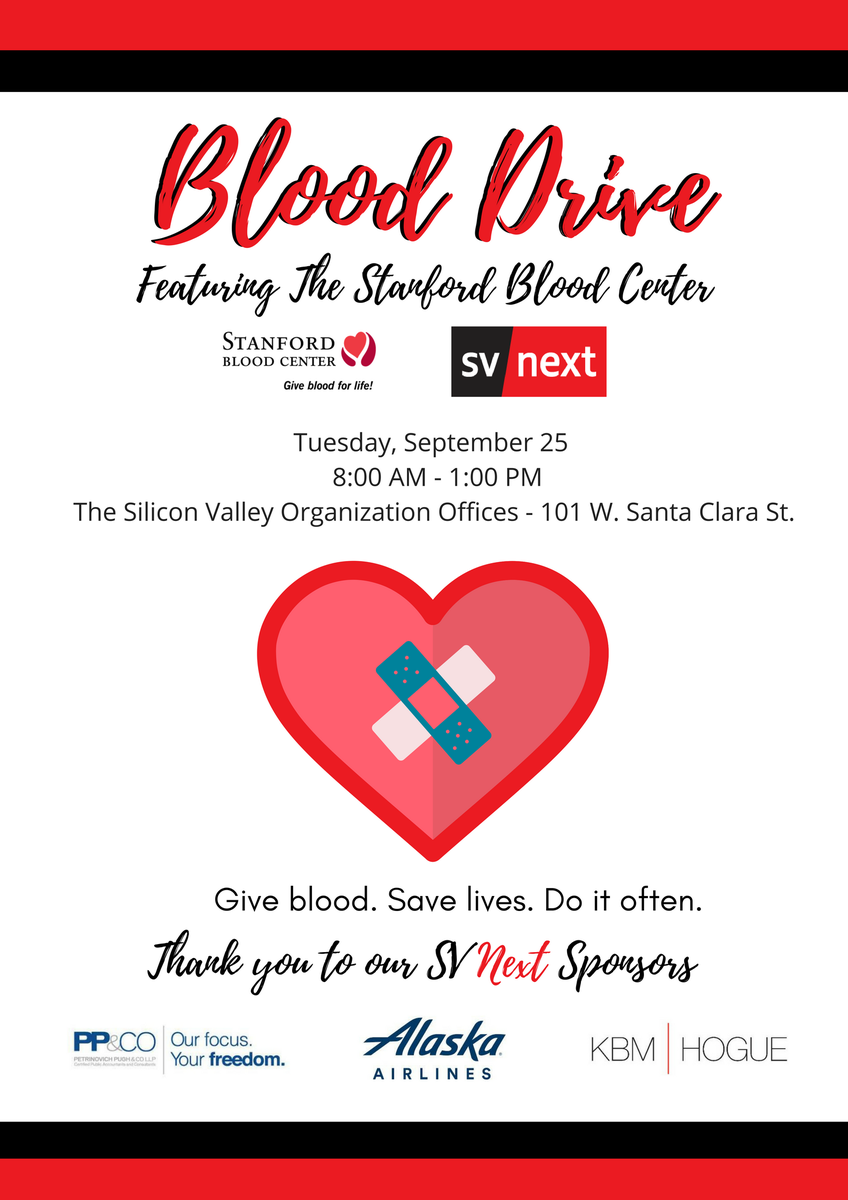 SVNext_'s tweet photo. SV Next is excited to host a Blood Drive featuring The Stanford Blood Center @giveblood ! The Blood Drive is open to everyone and will be held on Tuesday September 25th! Save the date and spread the word! 💉❤️🏥 https://t.co/IjkOOOc2zI