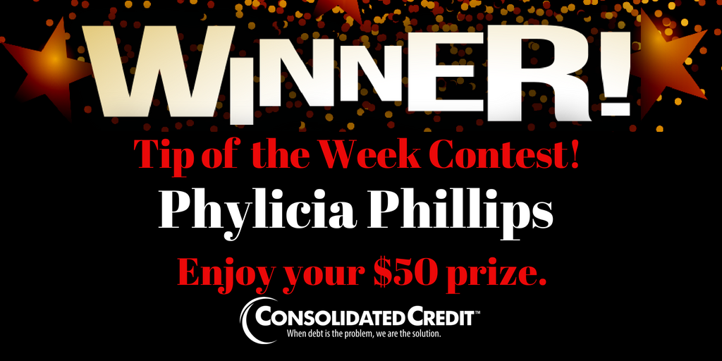 ConsolidatedUS's tweet photo. Congratulations @PhyliciaSP, you are the winner of our #Tipof theWeekContest! Woohoo! Thank you for participating! We appreciate you and wish you the very best in all your financial endeavors! Enjoy your $50 prize. Cheers! :) #July https://t.co/GM5wXPWcUk