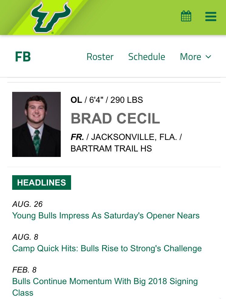 The time has come...Tomorrow is the start of Brad Cecil's College Football career and we couldn't be more excited to be there cheering he and the Bulls on! We Ready!! Go Bulls!!

Check out the link-

gousfbulls.com/news/2018/8/24…