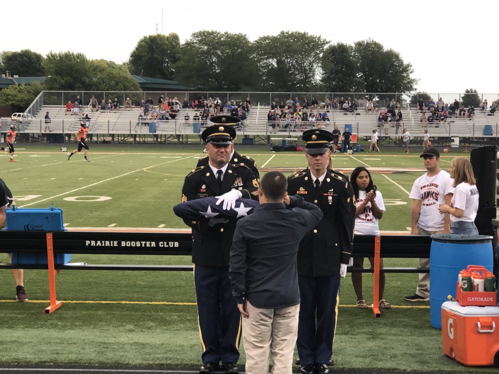 So proud of Prairie grad David Fields!  David saved his money and donated a new U.S. flag to Prairie’s John Wall Field. David said this was his example of Taking Care of Prairie!!  Thank you, David!!
#tcoytceotcop