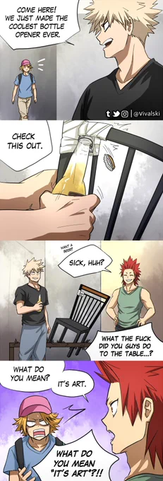 Sometimes I wonder how would it be if these idiots shared a flat after graduating and David Dobrik's videoblogs give me the worst ideas #BokuNoHeroAcademia #bnha #bakugou #kirishima #kaminari 