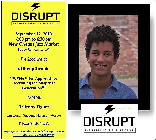 Curious as to how to reach this upcoming workforce? Our very own Customer Success Manager, @brdy29 , will be giving a talk about best practices for engaging millennials in the recruiting and hiring process! #joinacrew #acrew #disrupthrnola #hr #followyournola