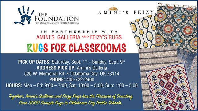 OKCPS's tweet photo. Q: What did the rug say to the floor? A: Don’t worry, I’ve got you covered! 😂  🚨 Teachers, Rugs for Classrooms has YOU covered! 🚨  Amini’s Galleria and Feizy Rugs is donating over 3,000 sample rugs to OKCPS teachers! All you have to do it go pick it up! @FoundationOKCPS https://t.co/i3z5AlvhmQ