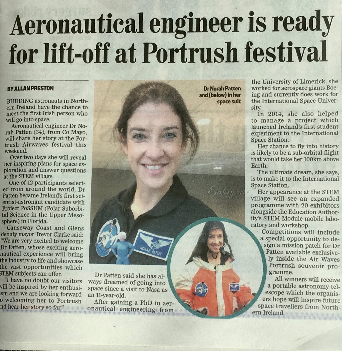 KMcAuleyPhoto's tweet photo. Great coverage of the Aeronautical Engineer who will be ⁦@PortrushAirshow⁩ ⁦@STEM_Airwaves⁩ in today s ⁦@BelTel⁩ Thanks to ⁦@GWalker9⁩ Editor ⁦@ainemcauley⁩ ⁦@CausewayCouncil⁩ ⁦@EventsCwayCoast⁩ ⁦@McAuleySteven⁩ https://t.co/yJTVNMIwpt