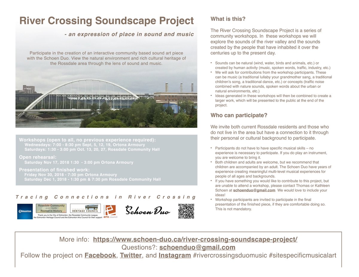 SchoenDuo's tweet photo. River Crossing Soundscape project starting 7:00pm Sept 5 at Ortona Armoury! Come and create together! #rivercrossingsduomusic #sitespecificmusicalart #TracingConnections #RiverCrossingYEG #YEGheritage #YEGarts #PlanEdmonton https://t.co/n7J6SzJ4BT
