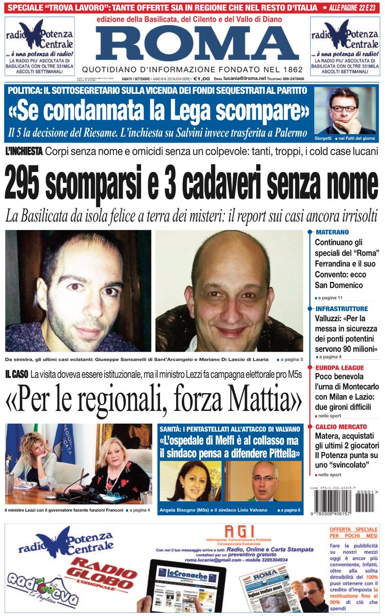 cronachelucane's tweet photo. #antePrima #roma di #basilicata #coldcase #noir #inchiesta #scomparsi #lega #cinquestelle #melfi #ferrandina #ponti #matera #potenza https://t.co/uOAkojLEEt