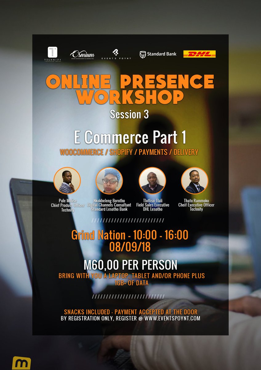 OsmiumLs's tweet photo. The third session of the #OnlinePresence workshop covers Ecommerce. How Do we contextualize it? How do we create a safe ecosystem for it to flourish in Lesotho? Join us & @TechnifyLS on the 8th September
#osmiumls • #technify • #ecommerce https://t.co/tXaDRtEhLH