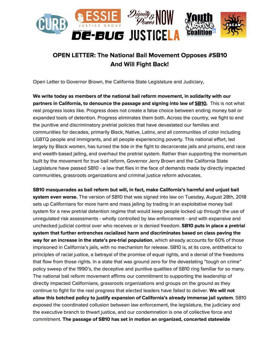 JustLeadersUSA's tweet photo. #SB10 puts in place a pretrial system that entrenches racialized harm &amp; discriminates based on class, paving the way for an increase in CA’s already enormous pretrial jail pop, w no mechanism for release. The national bail reform mvmt opposes #SetBack10:  https://t.co/iusNikXd7m https://t.co/LSQRYutFSo