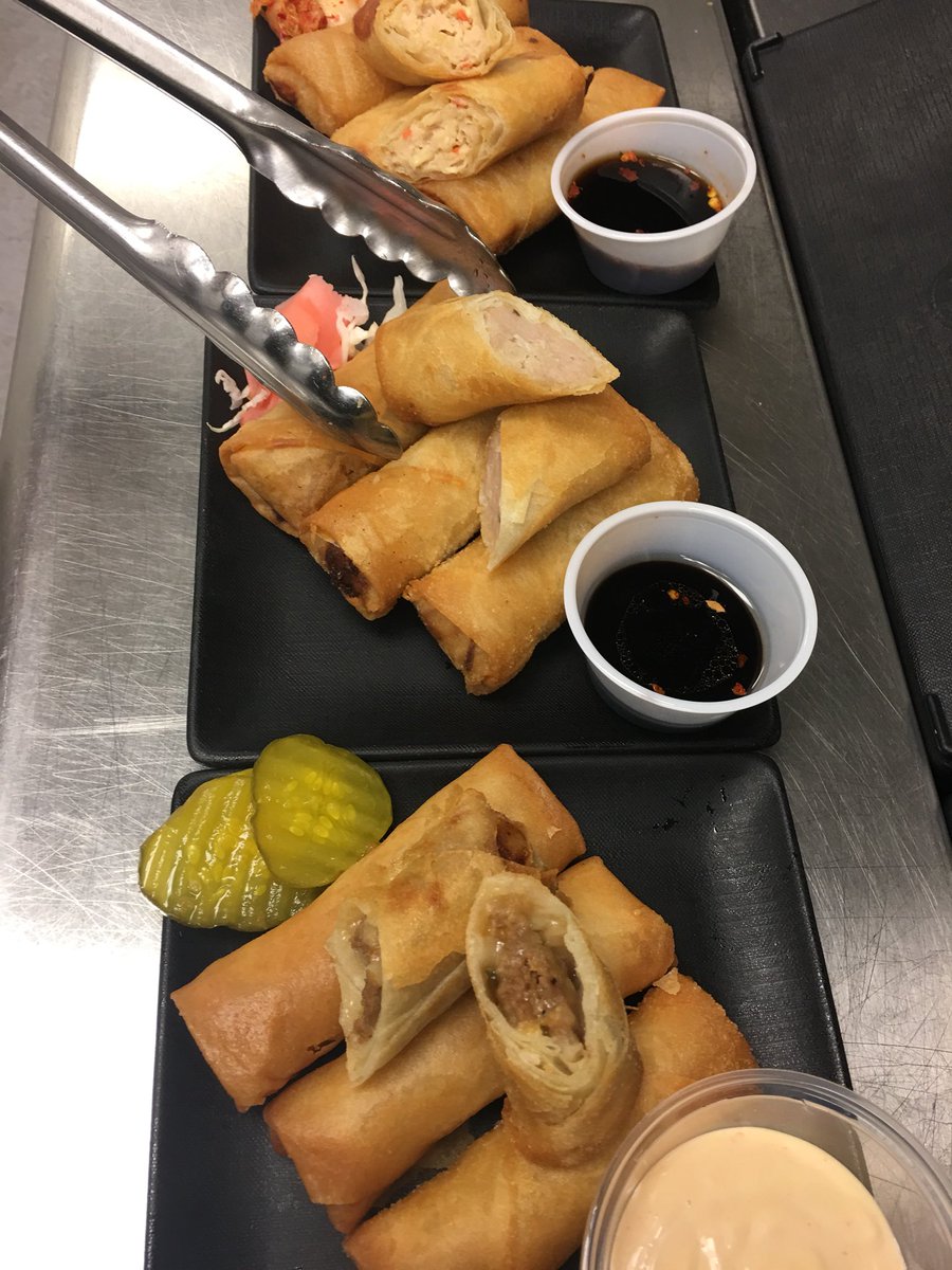 Cheeseburger, pork &amp; shrimp, or teriyaki chicken spring roll?
