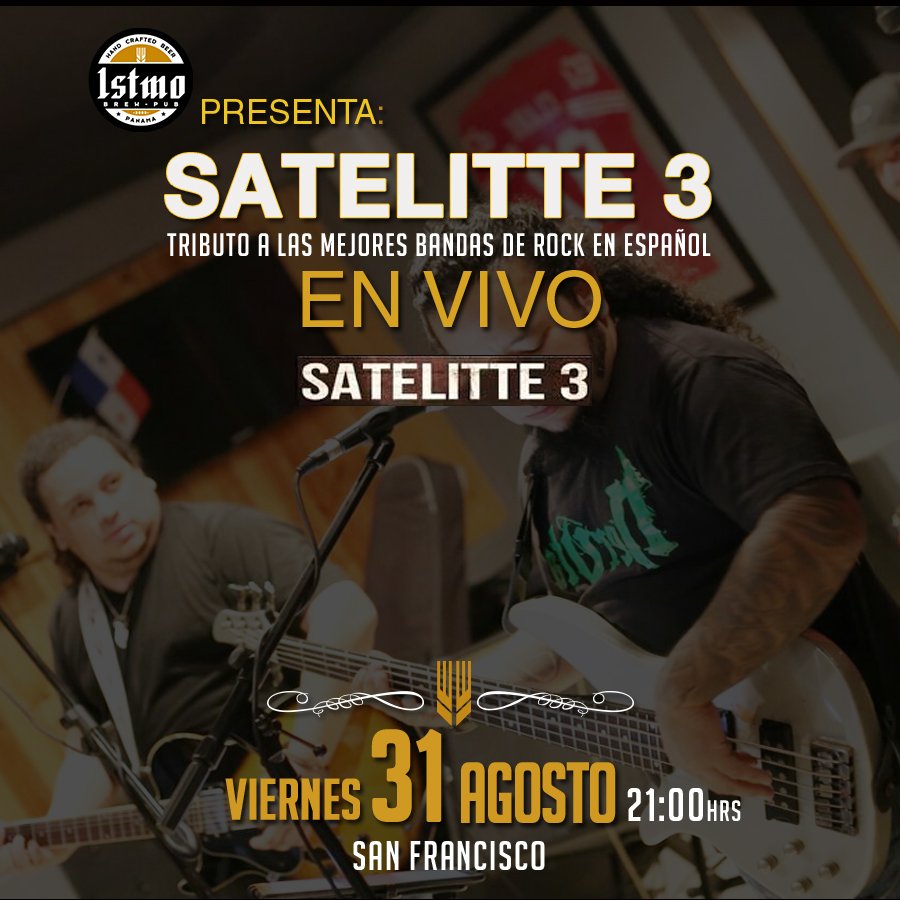 istmobrewpub's tweet photo. ¿Ya escuchaste a la banda @satelitte3? 🤘
Ven hoy viernes 31 de agosto canta y disfruta de unas birras a partir de las 9:00 p.m. en Istmo San Francisco 🤘🙌🍻
#Istmobrewpub #PanamaLife #Beer #Birreros #Pubs #musiclife #musicaenvivo #music https://t.co/J0ksZYuXHt