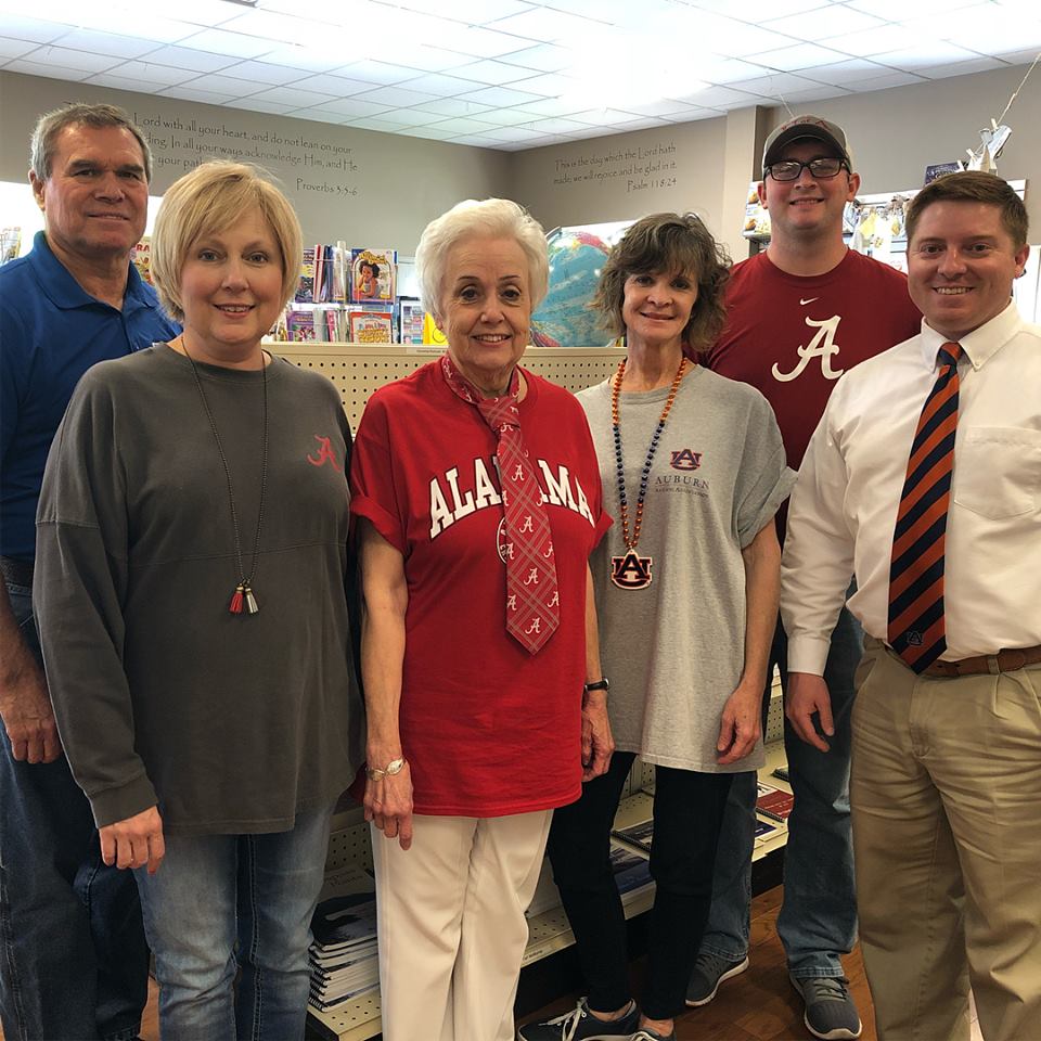 CEIBookstore's tweet photo. College colors day with the CEI Bookstore Team!#casualfriday #stafffun #collegecolorsday #wareagle #rolltide @auburnfootball @alabamafbl @collegecolors #ceibookstore #truthpublications @ CEI Bookstore / Truth Publications https://t.co/boaCaJlVV2