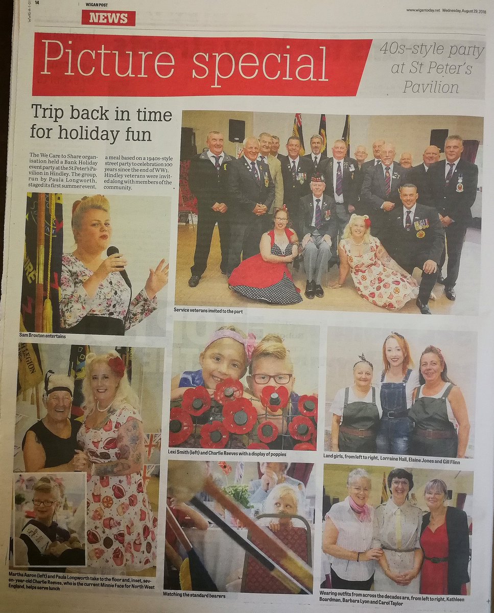PaulaDTangerine's tweet photo. Great Coverage Thankyou to @WigToday of @WeCareToShare1 1940s Street Party Thankyou Event held on Bank Holiday Monday @SP_Pavilion Huge Thanks also to @SKILSCIC @CRISPCIC @WiganWarriorsCF @RBL_GMandLancs @PoppyLegion #proud #community #veterans #volunteers #giving #poppywave https://t.co/dNT5ijKlrh
