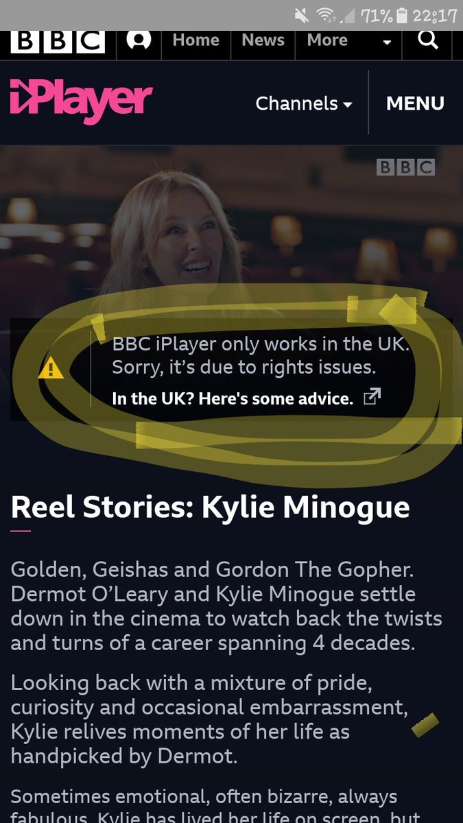 Marky3330's tweet image. Can not watch as not in the UK. @BBCPlayer this better be on @BBCOne or @BBCTwo as am a huge @kylieminogue here and feel upset I can not see this 😭💔 #ReelStoriesKylie #Kylie #BBCPlayer