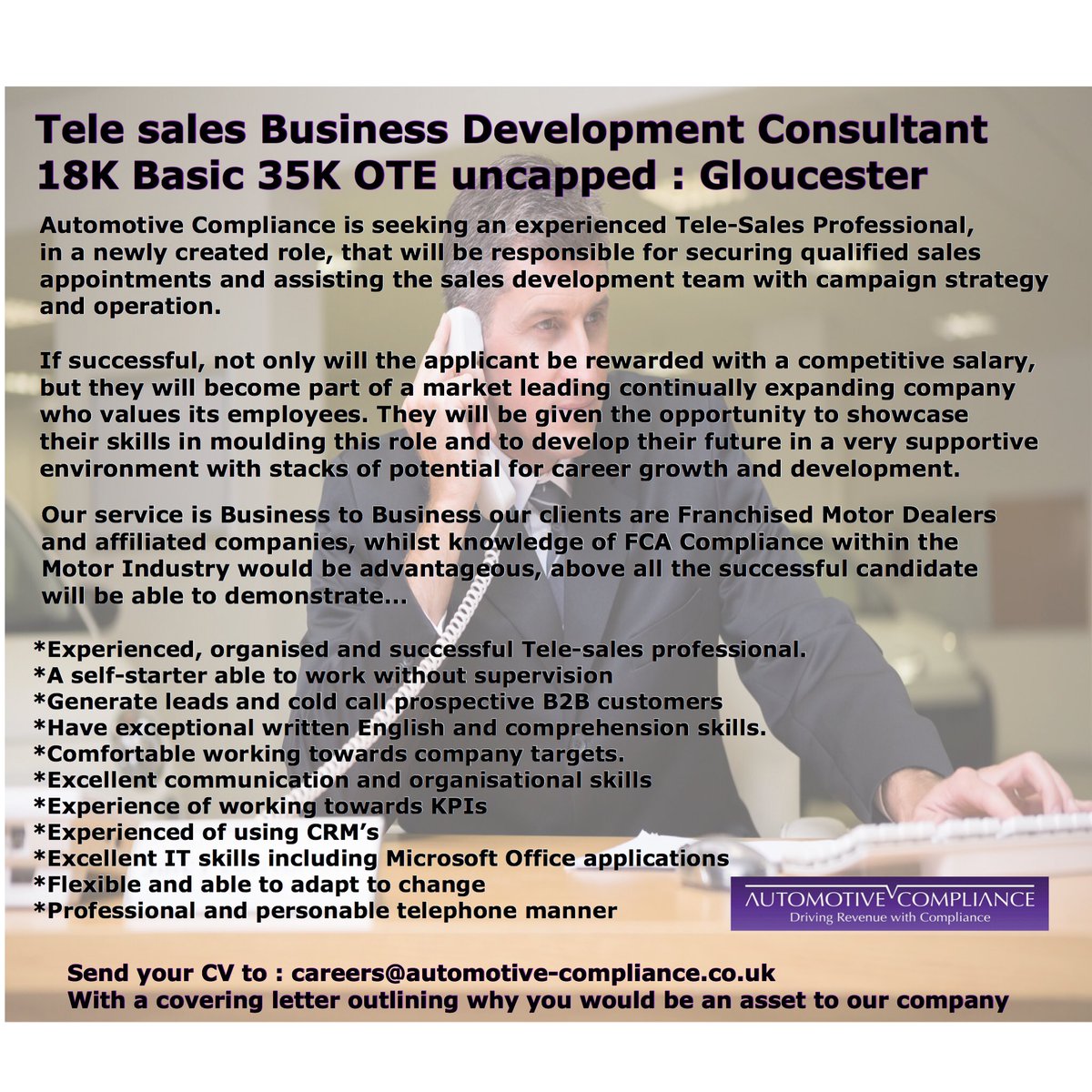 Wanted Seasoned Tele-Sales Professional ! 
We are recruiting for another newly created role, that someone can make their own, in our market leading continually growing company that values its employees.
#makeyourmark #jobs #employment #gloucester #telesales #sales #career