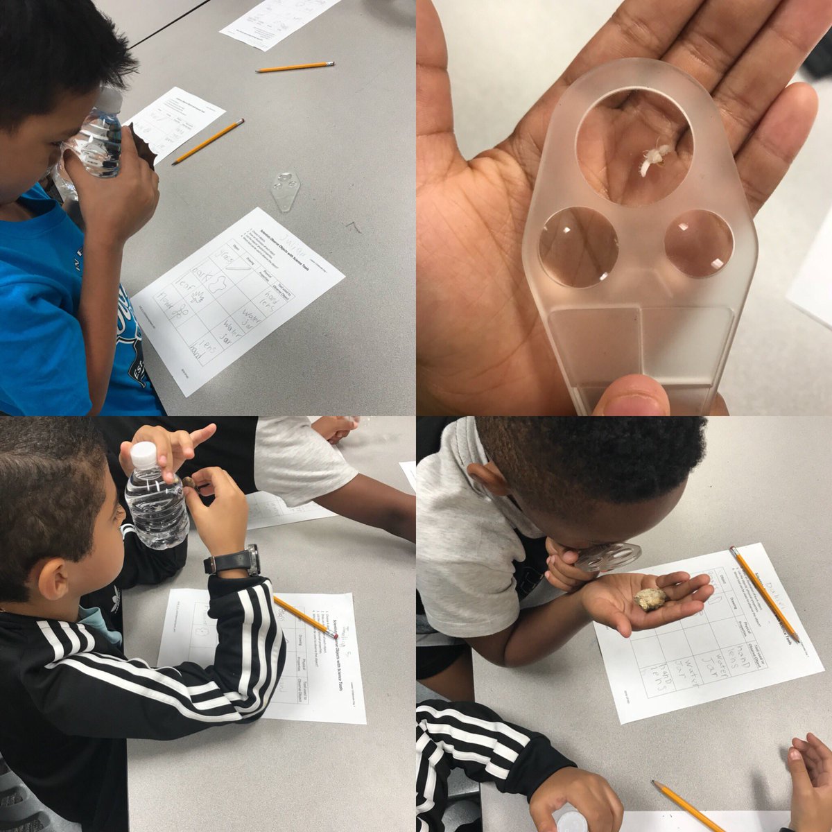 MrsWisdom2018's tweet photo. Observing some objects they picked from outside! Today we talked about ways to use our 5 senses when observing! #handlens #waterbottle #futurescientists @HolbrookCFISD https://t.co/kaLK1V7vOp