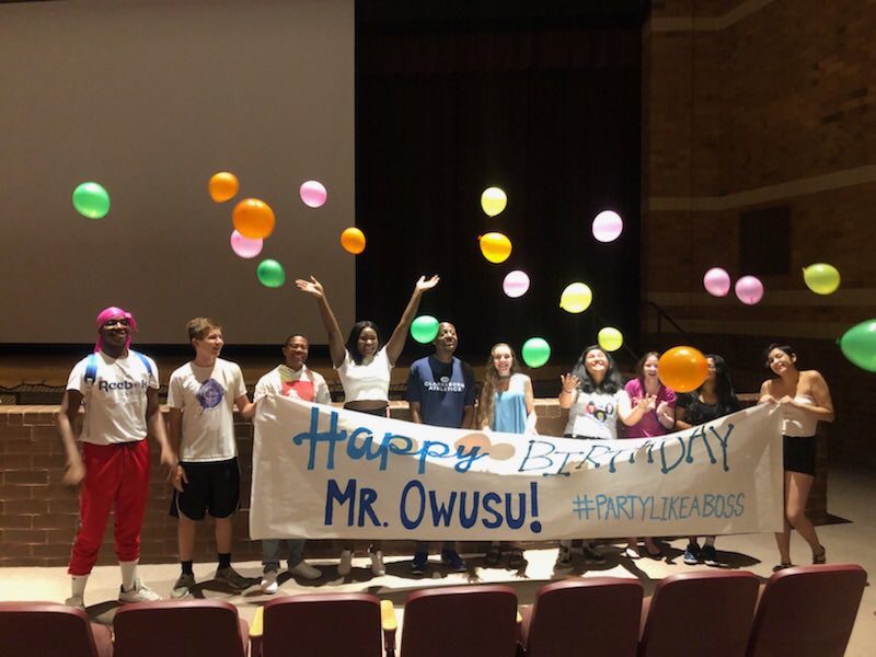 CburgEnglish's tweet photo. Thanks @chssings for helping us surprise our fearless leader! Happy Birthday Mr. Owusu! #PartyLikeABoss @Cburg_Coyotes https://t.co/sFuoT7cQZJ