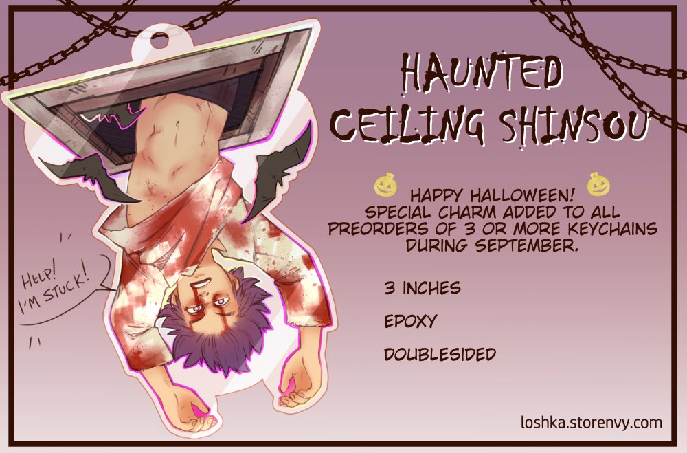 As a thank you, I'm giving a Halloween themed Shinsou charm to my customers this season 🦇 added to purchases of 3 or more keychains.

loshka.storenvy.com