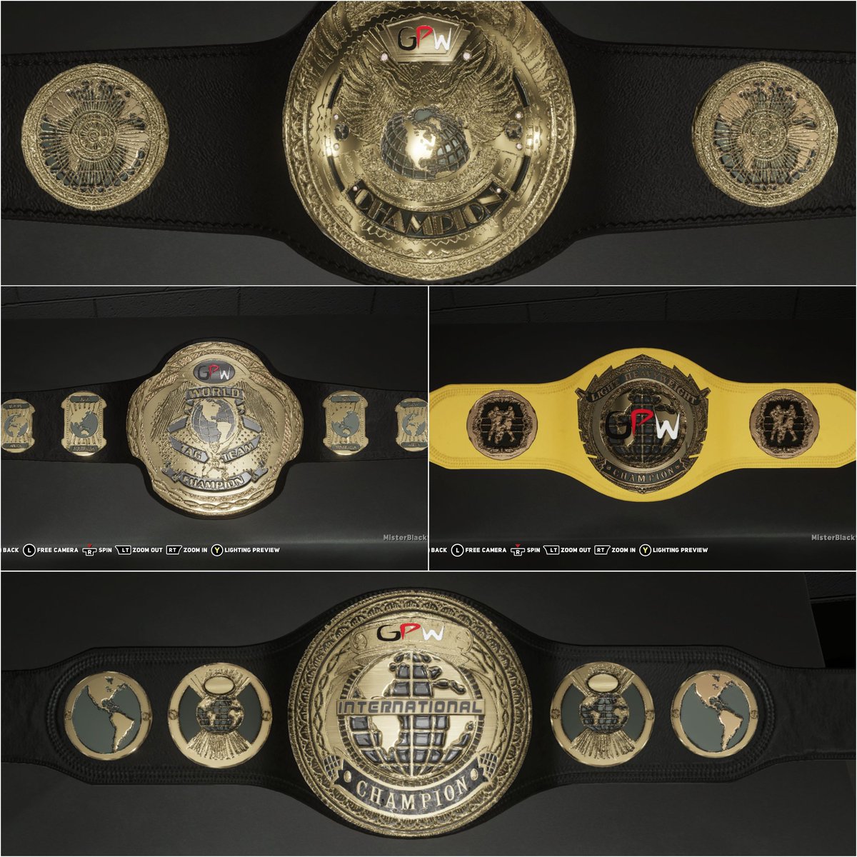 Here's a look at the current GPW Championships.. There is The World Championship,  Tag Team Championship, I made the secondary championship the International and I have the Light Heavyweight Championship.. #GiveCawCreatorsAChance #wwe2k19 #wwe2k18 #GPW