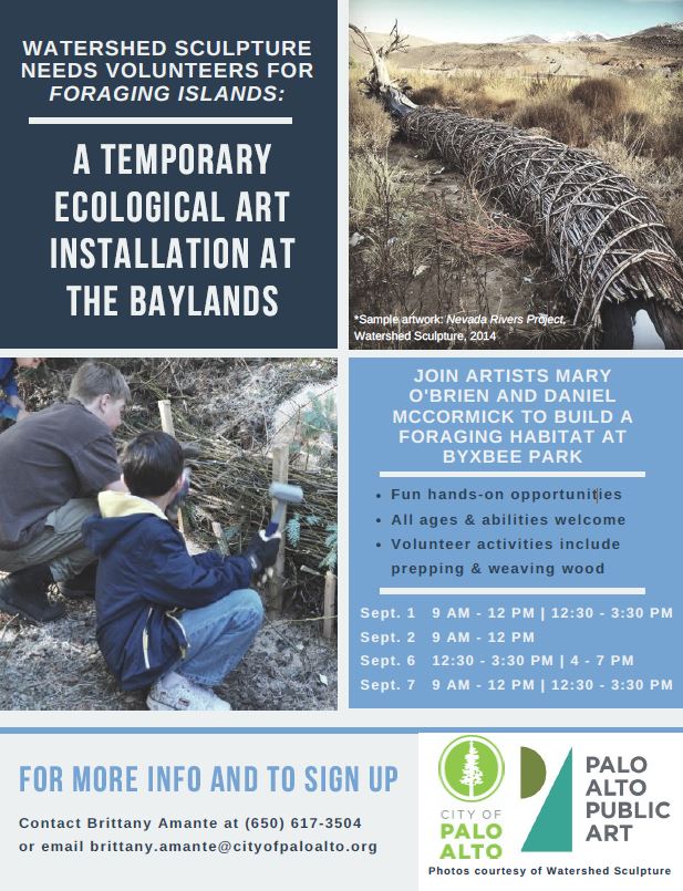 Help build an ecological art installation in the #PaloAlto Baylands with <a href="/publicartpa/">Palo Alto Public Art</a>. This hands-on opportunity begins Sept. 1 and is especially in need of volunteers on Sept. 6 &amp; 7. All ages are welcome. Learn more about it here. bit.ly/2Lq3fRR