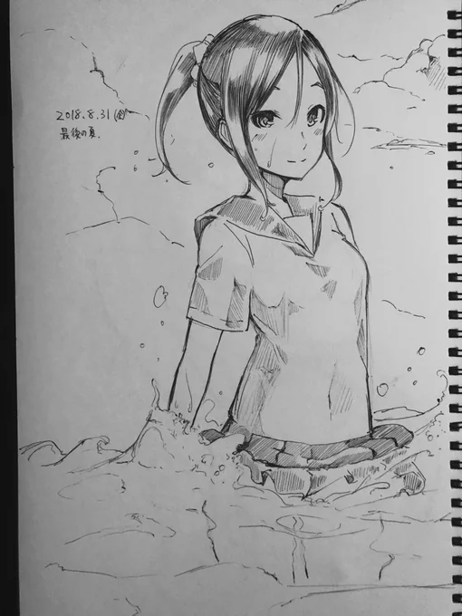 朝のラクガキ。昨日が平成最後の夏ということで、、テンション上がって制服のまま海にドボンしちゃう系女子 
